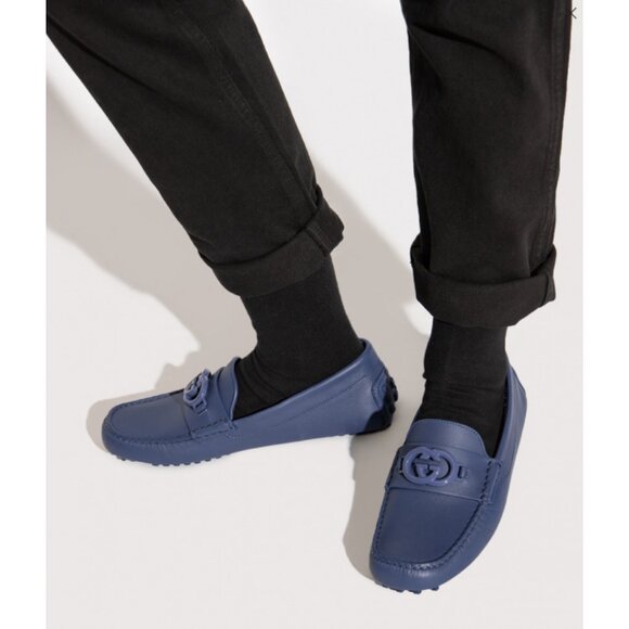 GUCCI SHOES MENS LOAFERS MOCCASINS G LOGO BLUE LEATHER - Picture 16 of 16
